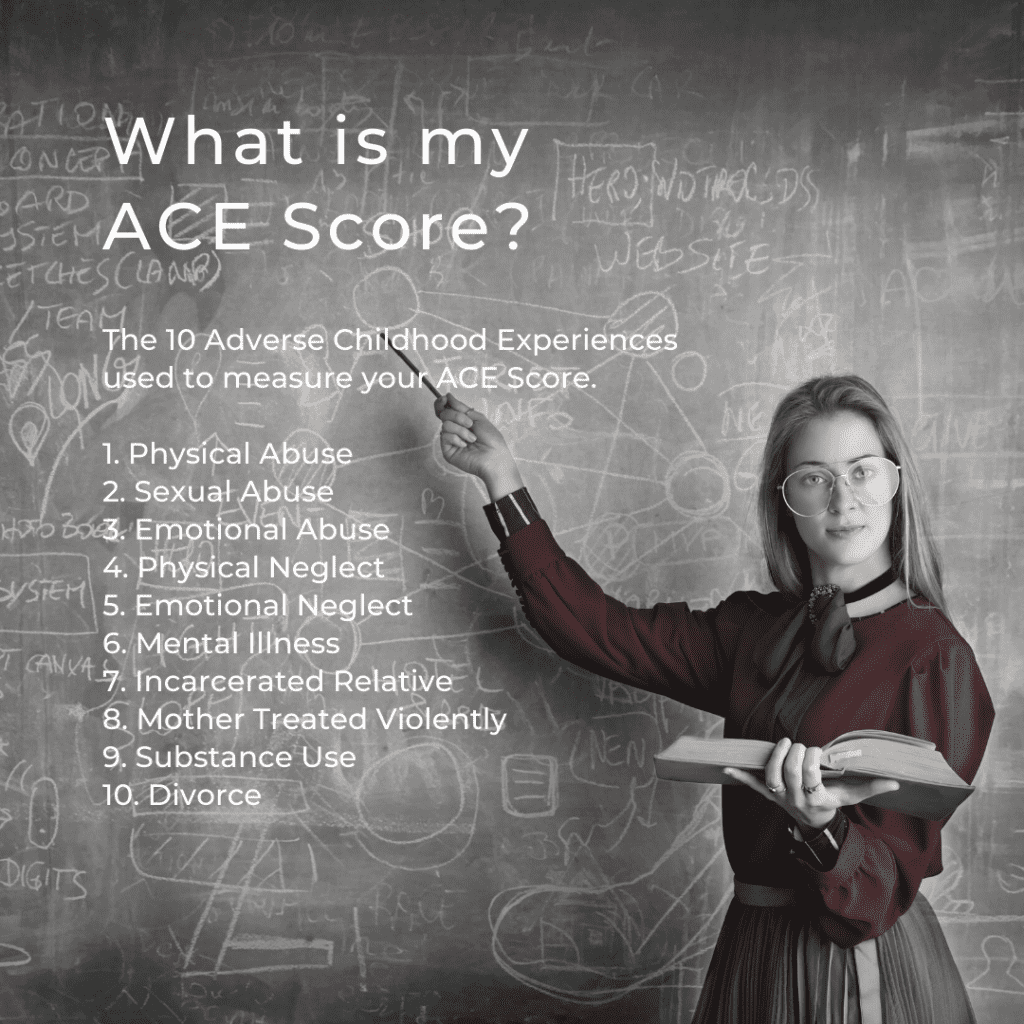 woman pointing to a board stating what is ACE Score